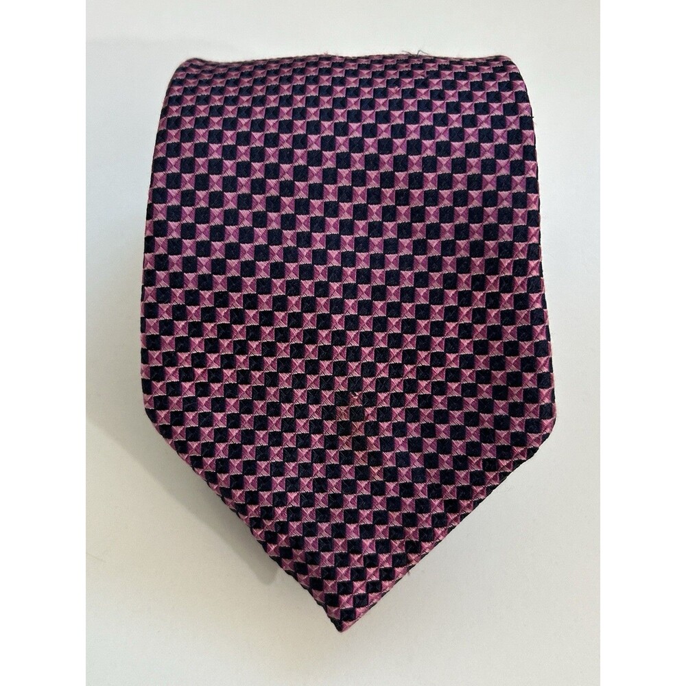 Tommy Hilfiger Tie Mens Pink Black Geometric Diamond Woven Silk Green Tipped